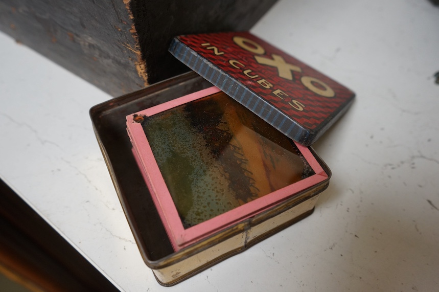 An Exhibition magic lantern and slides, cased, 44cm wide. Condition - commensurate with age and use